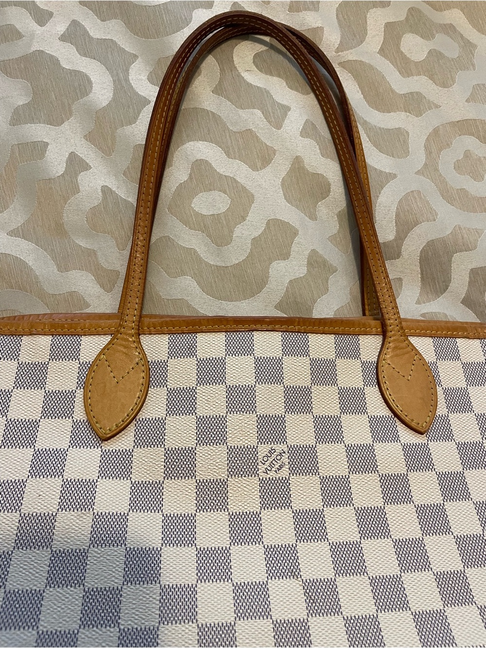 AUTH Louis Vuitton Damier Azur Canvas Neverfull MM Tote - White & Tan & gray - Picture 5 of 16